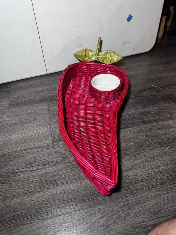 Vintage Red Hot Chili Pepper Wicker Rattan Chip Basket with White Dip Bowl