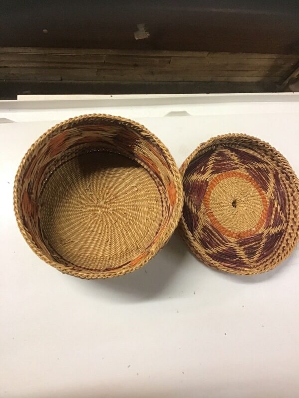 Vintage Round Lidded Basket Tight Weaved - Image 2