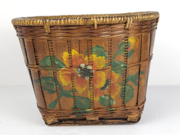 Vintage Sally Patchin Painted Flower Basket Floral Folk Art Bamboo Planter 5"H - Image 2