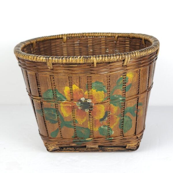 Vintage Sally Patchin Painted Flower Basket Floral Folk Art Bamboo Planter 5"H