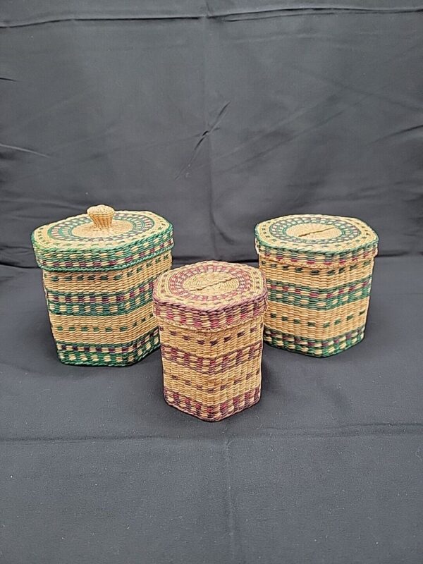 Vintage Set Of 3 Woven Sweet Grass Nesting Baskets Boho Decor 4", 4.5", 5"