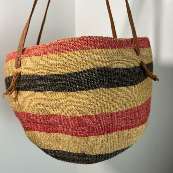 Vintage Sisal & Leather Woven Handmade Oval Basket Market Shoulder Bag BOHO - Image 3