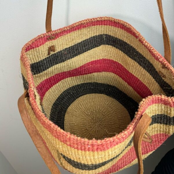 Vintage Sisal & Leather Woven Handmade Oval Basket Market Shoulder Bag BOHO - Image 5