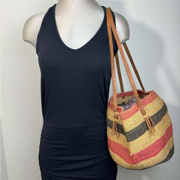 Vintage Sisal & Leather Woven Handmade Oval Basket Market Shoulder Bag BOHO