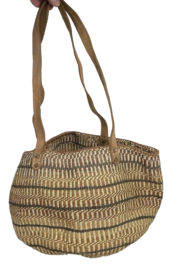 Vintage Sisal Market Basket Tote Bag Leather Handles Raffia Bohemian