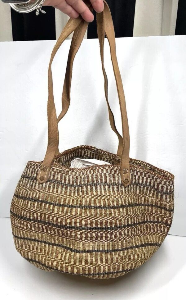 Vintage Sisal Market Basket Tote Bag Leather Handles Raffia Bohemian - Image 2