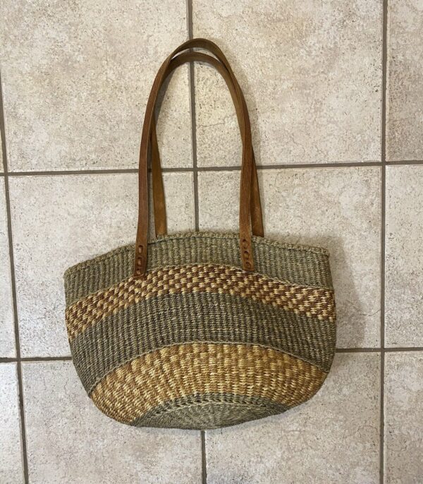 Vintage Sisal Market Jute Tote Bag Bucket Basket With Leather Straps Annie Hall - Image 2