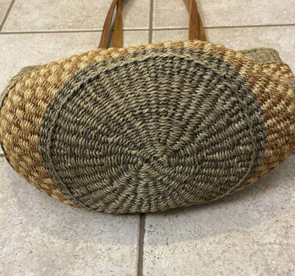 Vintage Sisal Market Jute Tote Bag Bucket Basket With Leather Straps Annie Hall - Image 3