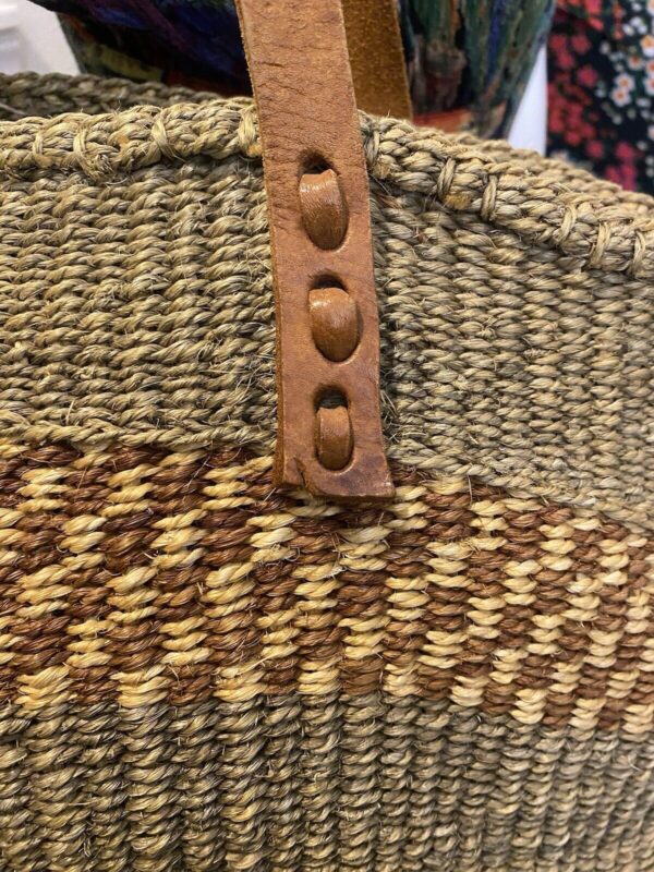 Vintage Sisal Market Jute Tote Bag Bucket Basket With Leather Straps Annie Hall - Image 6