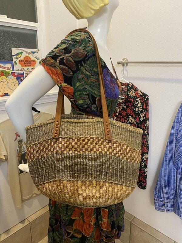 Vintage Sisal Market Jute Tote Bag Bucket Basket With Leather Straps Annie Hall