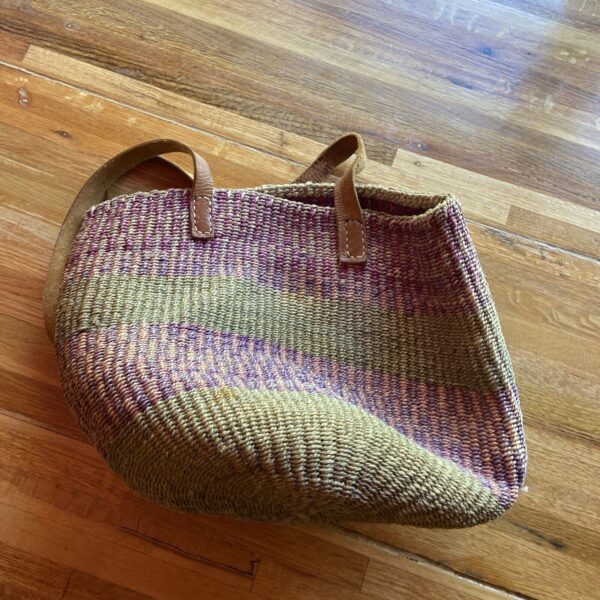 vintage Sisal Market Jute Tote Bag Woven Raffia Bucket Basket Leather Handles - Image 2