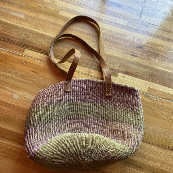 vintage Sisal Market Jute Tote Bag Woven Raffia Bucket Basket Leather Handles