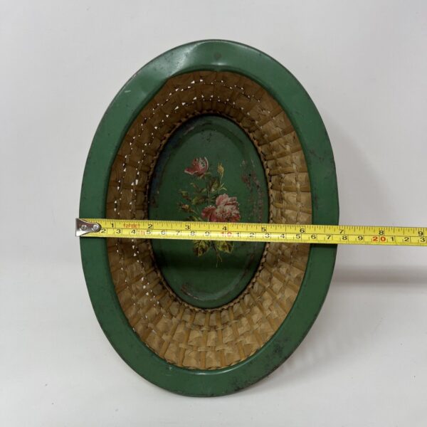 Vintage Tin Basket Wicker Germany Green Antique Toleware Floral Bin with Flowers - Image 2