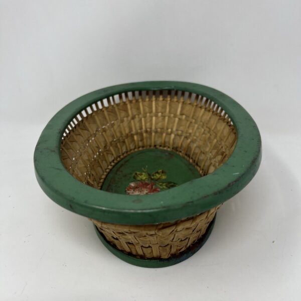 Vintage Tin Basket Wicker Germany Green Antique Toleware Floral Bin with Flowers - Image 6