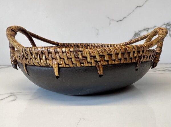 Vintage Wicker Dark Wood Offering Basket Bowl with Handles Handmade Boho - Image 2