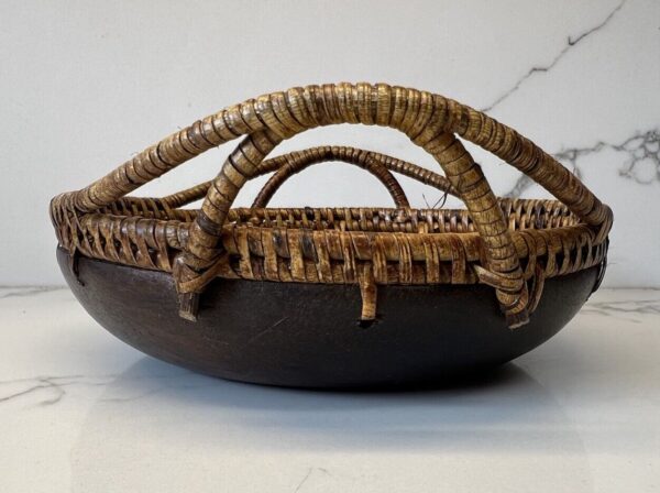 Vintage Wicker Dark Wood Offering Basket Bowl with Handles Handmade Boho - Image 3