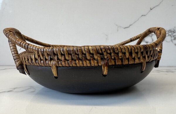 Vintage Wicker Dark Wood Offering Basket Bowl with Handles Handmade Boho - Image 4