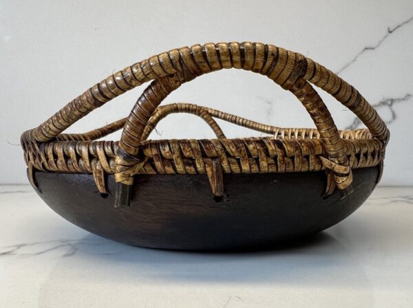 Vintage Wicker Dark Wood Offering Basket Bowl with Handles Handmade Boho - Image 5