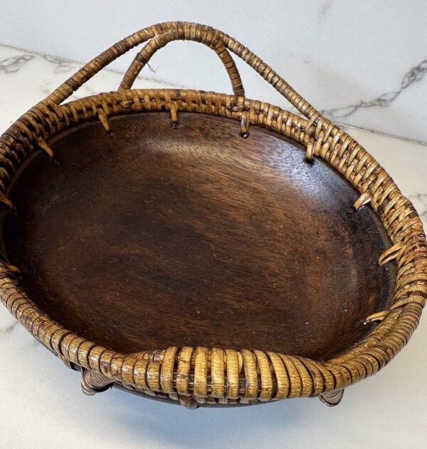 Vintage Wicker Dark Wood Offering Basket Bowl with Handles Handmade Boho - Image 6