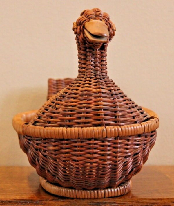 Vintage Wicker Duck Basket Planter Woven Rattan Boho Decor Vintage Wood Bill - Image 2