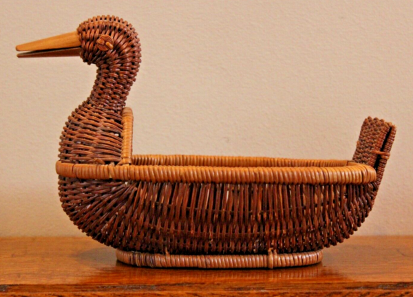 Vintage Wicker Duck Basket Planter Woven Rattan Boho Decor Vintage Wood Bill - Image 3