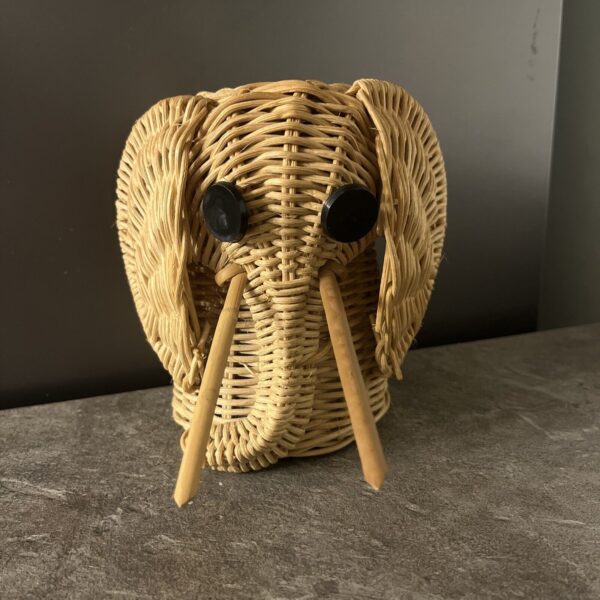 Vintage Wicker Elephant Shaped Basket Pen Pencil Holder Desk Planter Vase Boho