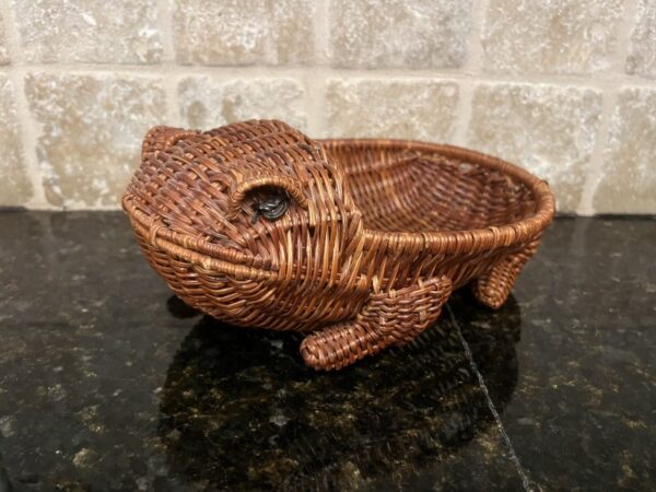 Vintage Wicker frog basket Boho rattan eyes, 9 in