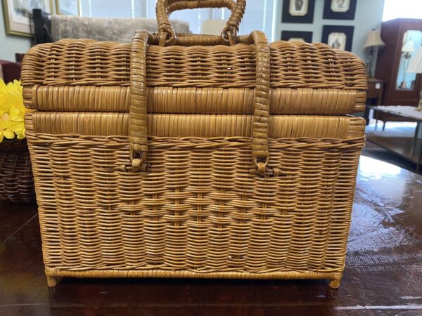 Vintage Wicker Rattan Picnic Basket Handles Storage Boho MCM - Image 2