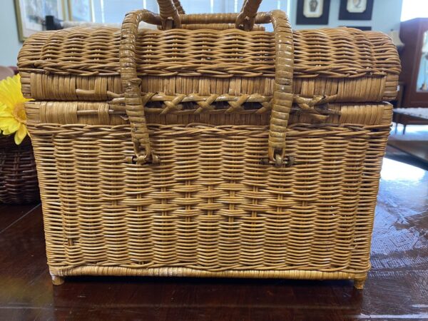 Vintage Wicker Rattan Picnic Basket Handles Storage Boho MCM - Image 4