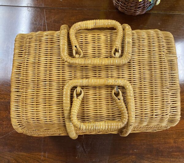 Vintage Wicker Rattan Picnic Basket Handles Storage Boho MCM - Image 6