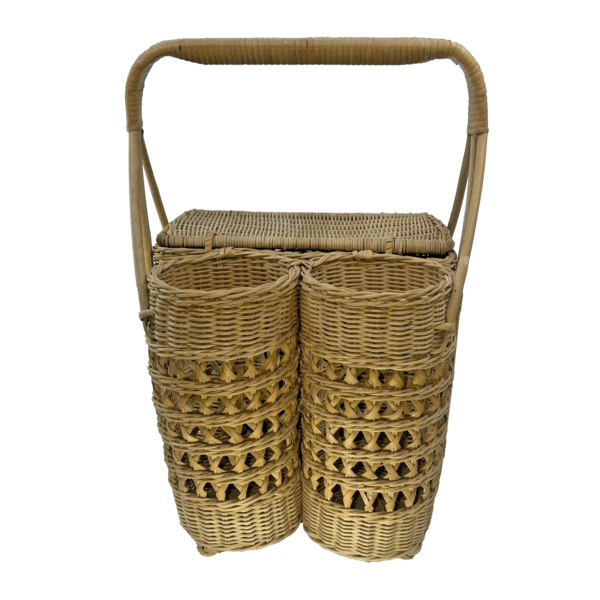 Vintage Wicker Rattan Picnic/Car Basket w/ 2 Wine Bottle Holders 41cm x 29cm - Image 3