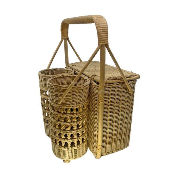 Vintage Wicker Rattan Picnic/Car Basket w/ 2 Wine Bottle Holders 41cm x 29cm - Image 4