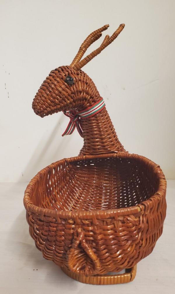 Vintage Wicker Rattan Reindeer Deer Woven Boho Basket -Hold Cosmetics, Candy - Image 4