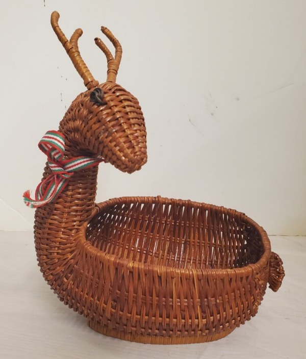 Vintage Wicker Rattan Reindeer Deer Woven Boho Basket -Hold Cosmetics, Candy