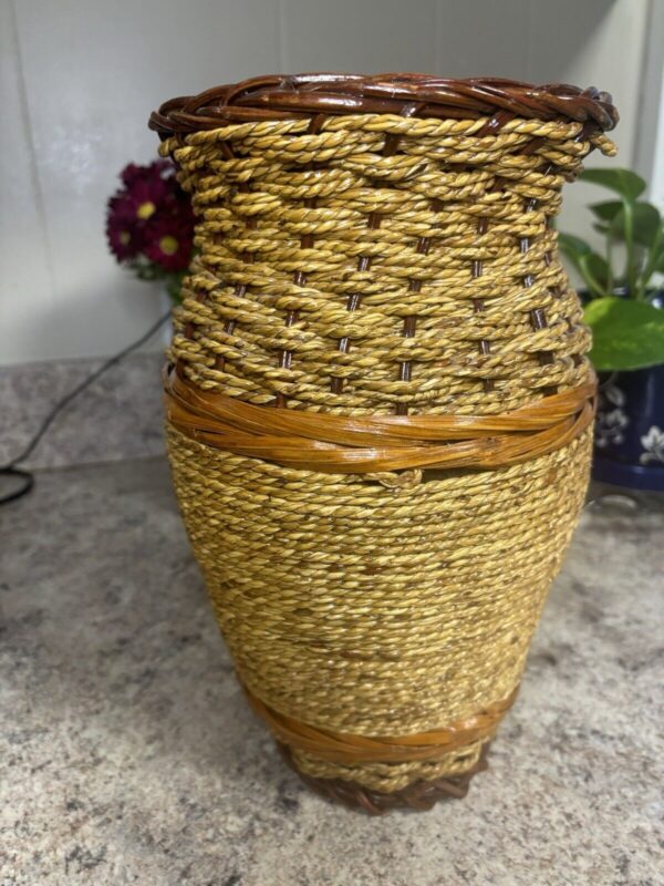 Vintage Wicker Rattan Wrapped Terracotta Vase Rustic Boho - Image 2