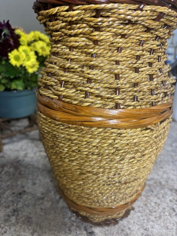 Vintage Wicker Rattan Wrapped Terracotta Vase Rustic Boho - Image 4