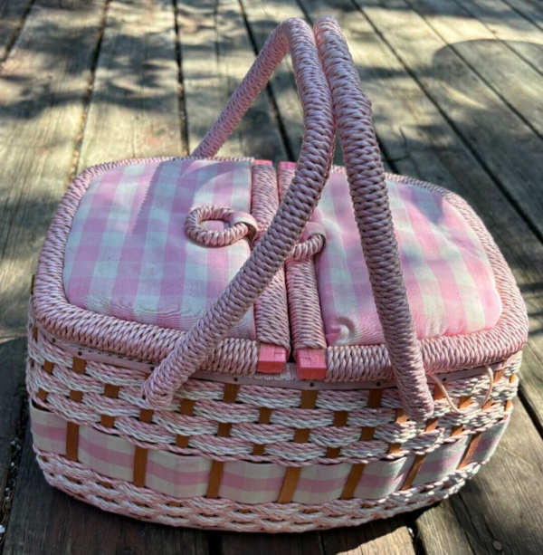 Vintage Wicker Sewing Basket 70's Pink Boho Pattern JC Penney