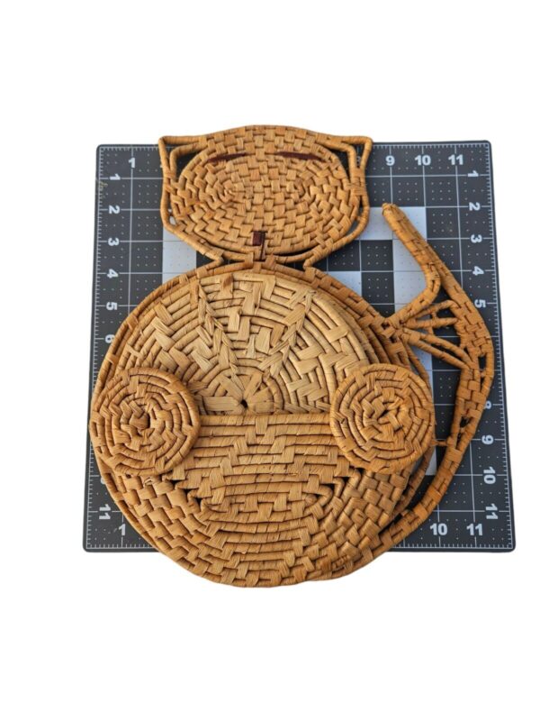 Vintage Wicker Trivets Cats Kitten Woven Rattan Raffia Boho Natural Decor - Image 4