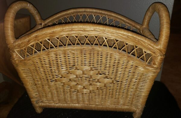 Vintage Wicker Woven Rattan Magazine Basket Holder Boho Cottage Beach