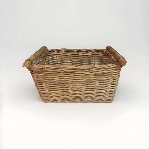 Vintage Wicker Woven Rectangular Basket W/Wooden Handles Boho Chic Country Farm