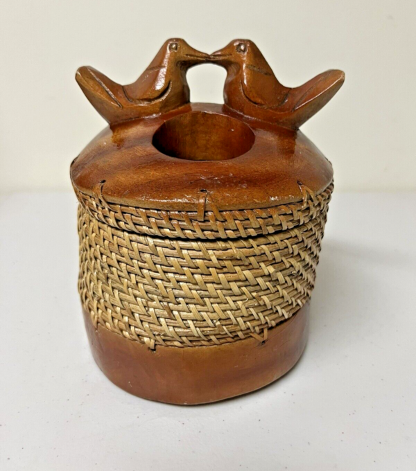 Vintage Wood Basket Hand Carved Love Birds Handmade Storage Lided Container