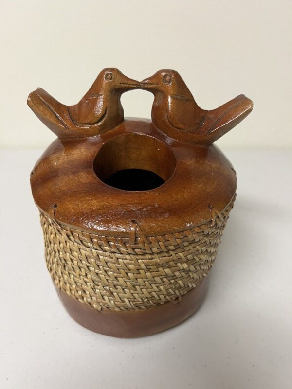 Vintage Wood Basket Hand Carved Love Birds Handmade Storage Lided Container - Image 2