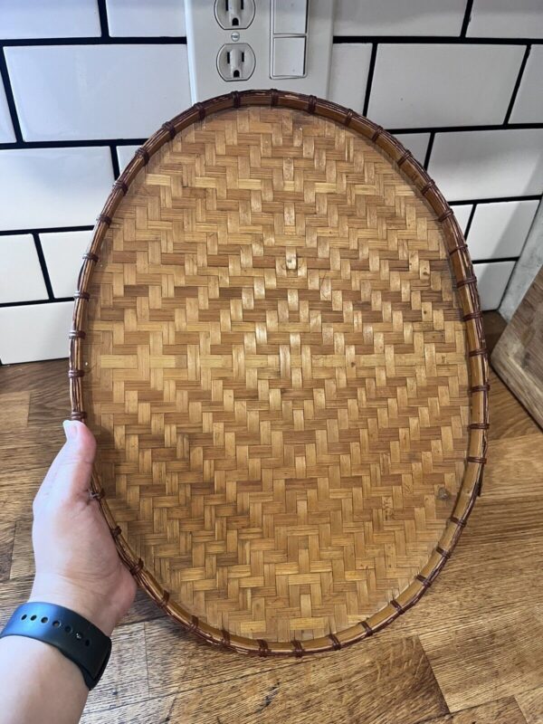 Vintage Woven Bamboo Flat Basket Tray, Bohemian Decor, Boho, 16” X 10”