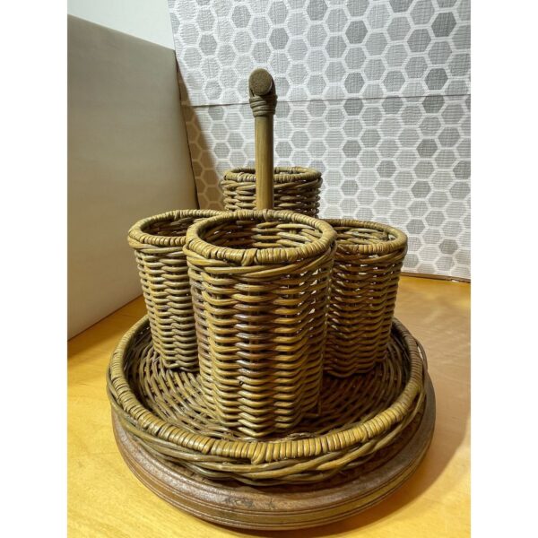 Vintage Woven Bamboo Wicker Rattan 4 Tiered Utensil Caddy with Handle Boho - Image 2