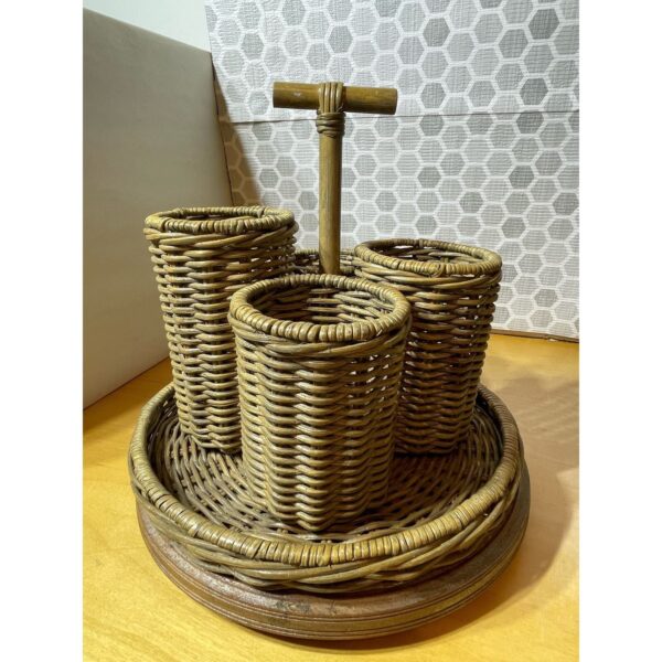 Vintage Woven Bamboo Wicker Rattan 4 Tiered Utensil Caddy with Handle Boho - Image 3