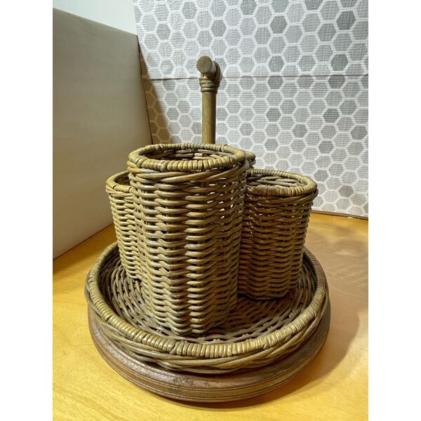 Vintage Woven Bamboo Wicker Rattan 4 Tiered Utensil Caddy with Handle Boho - Image 4