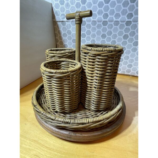 Vintage Woven Bamboo Wicker Rattan 4 Tiered Utensil Caddy with Handle Boho - Image 5