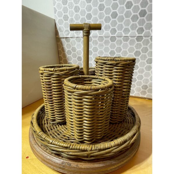 Vintage Woven Bamboo Wicker Rattan 4 Tiered Utensil Caddy with Handle Boho