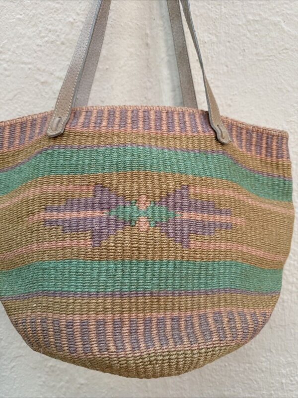 Vintage Woven Bucket Basket Tote Leather Handles Sisal Jute Market Beach Boho - Image 2