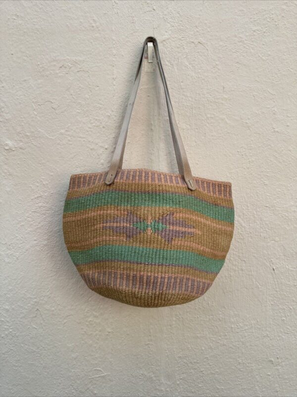 Vintage Woven Bucket Basket Tote Leather Handles Sisal Jute Market Beach Boho - Image 6